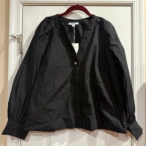 Women’s Black Button-Front Blouse with Gentle Puff Sleeves